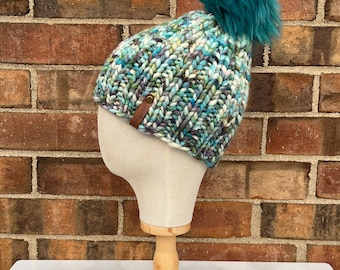 Luxury Muted Teal Merino Wool Ribbed Knit Hat - Teal Green Purple Classic Beanie Hand Knit Hat with Hand Dyed Yarn