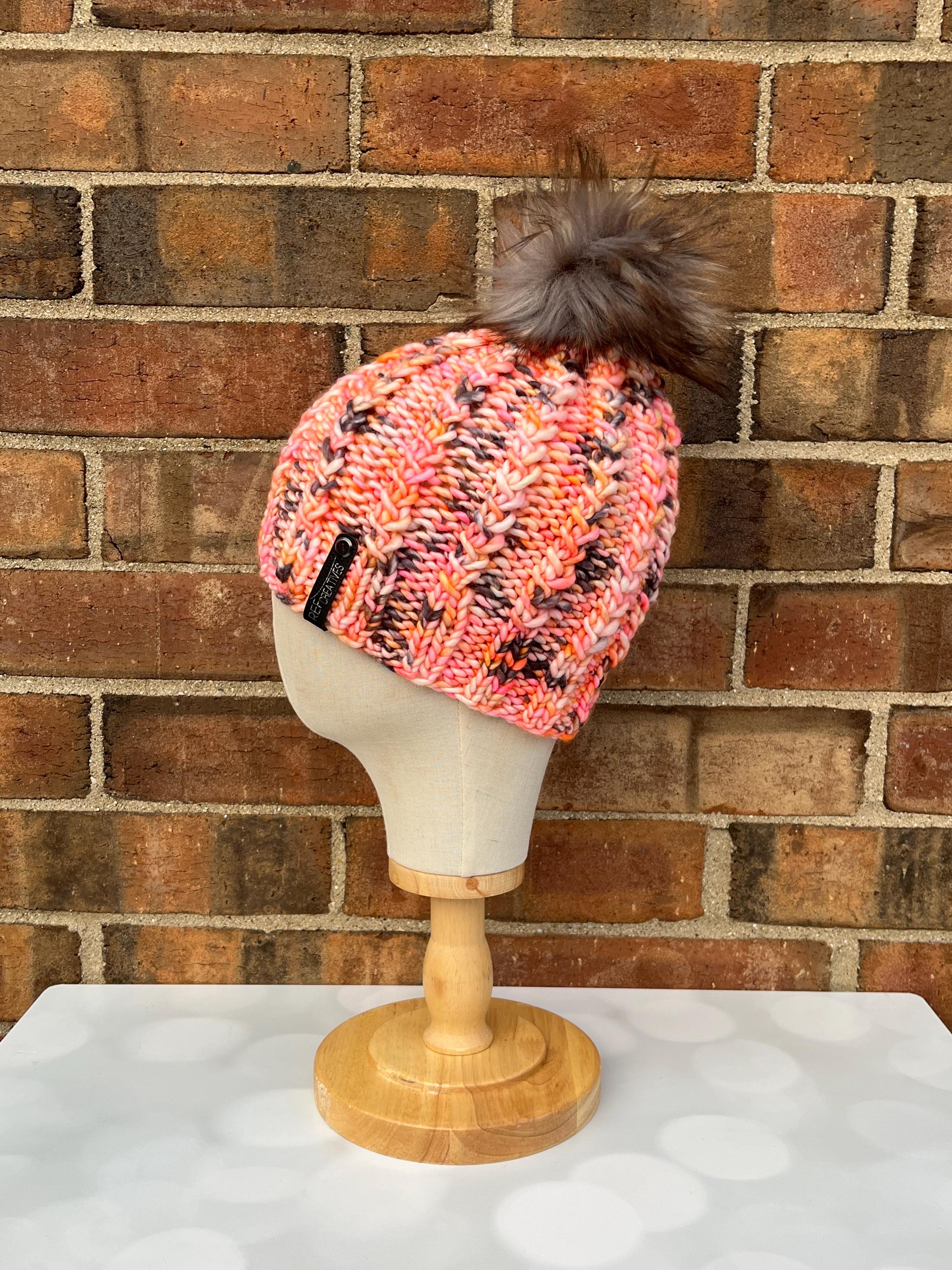 Handmade Knit Hat Pink & Orange Sunset Swirl Design Warm Winter Cap Wool Blend Luxury Pink and Orange Merino Wool Knit Hat - Neon Sherbert  main image 3