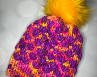 Luxus Lila Orange Sparkle Merino Wolle Strickmütze - Neon Sunset Glitter Lotus Blume Mütze Handstrickmütze mit handgefärbtem Garn