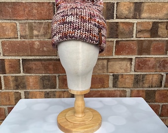 Luxus Muted Sparkly Merino Wolle Mütze mit doppelter Krempe - Herbstliche Handstrickmütze mit handgefärbtem Garn