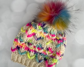 Luxury Sparkly Rainbow Striped Merino Wool Knit Beanie - Pomona Hand Knit Hat with Hand Dyed Yarn