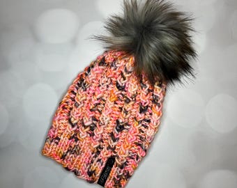 Luksusowa różowo-pomarańczowa wełniana czapka z wełny merynosów - czapka Neon Sherbert Twist Beanie robiona ręcznie na drutach z ręcznie farbowanej włóczki
