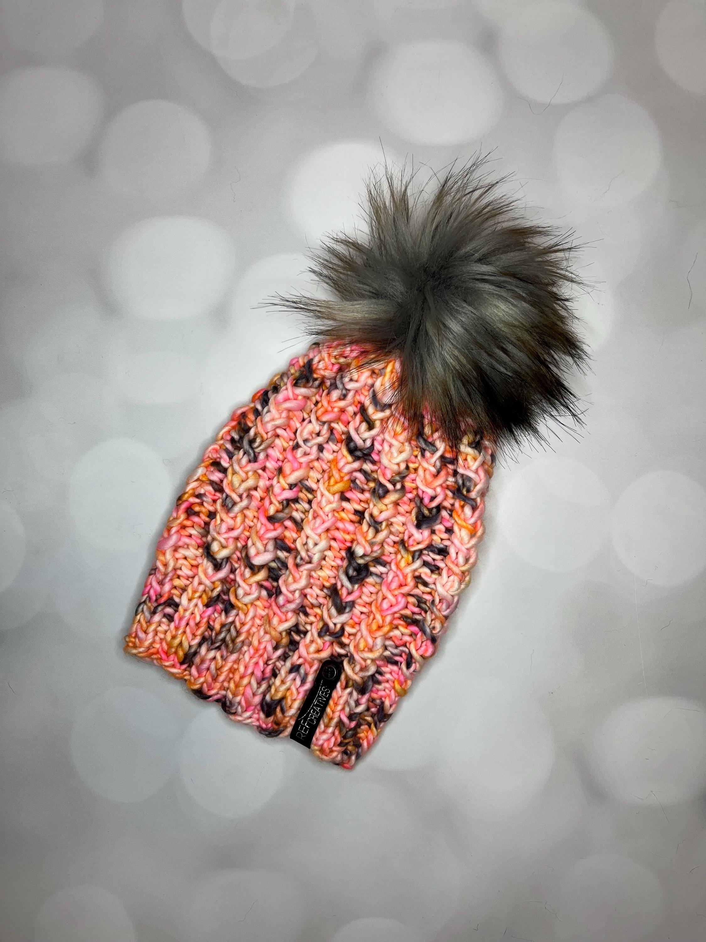 Luxury Pink and Orange Merino Wool Knit Hat - Neon Sherbert 