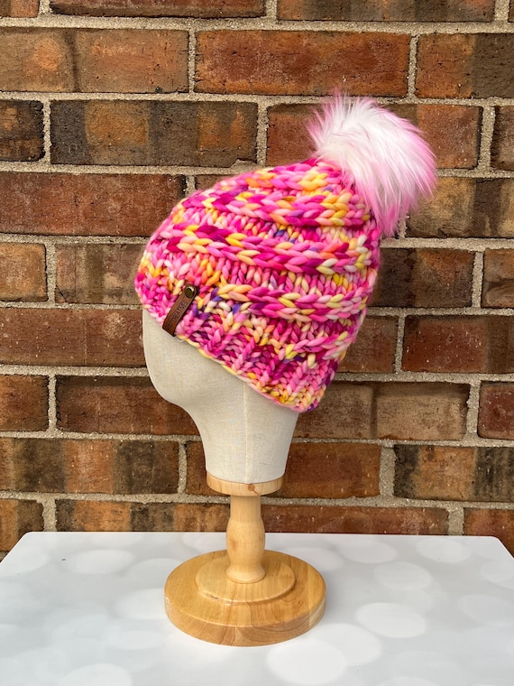 Luxury Pink and Yellow Merino Wool Knit Hat - Vivid Sunset  display picture 1