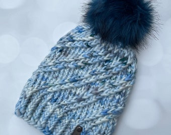 Luxury Blue Merino Wool Knit Hat - Snow Drifts Swirls Hand Knit Hat with Hand Dyed Yarn