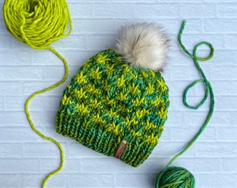 Luxury Green Merino Wool Knit Hat - Two-toned Green Rosewood Beanie Hand Knit Hat with Hand Dyed Yarn