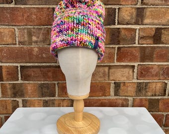 Luxury Faded Rainbow Double Brim Merino Wool Beanie - Hand Knit Hat with Hand Dyed Yarn