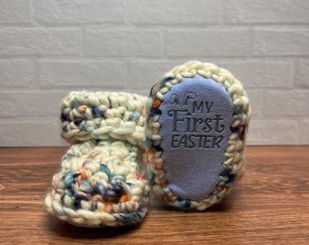 3-6 months - Luxury White Blue “My First Easter” Merino Wool Crochet Baby Booties - Hand Crocheted Baby Booties with Hand Dyed Yarn