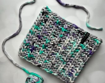Luxus Lila Aqua Grauer Merino Wolle gestrickter Halswärmer - 90er Ski Bum Handgestrickter Schal mit Handgefärbtem Garn