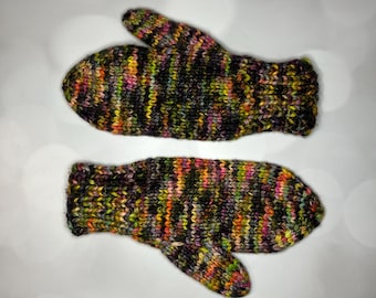 Luxury Rainbow Merino Wool and Silk Knit Mittens - Skating Rink Carpet Hand Knit Mittens with Hand Dyed Yarn