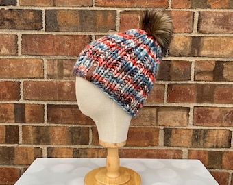 Luxury Muted Earth Tones Merino Wool Ribbed Knit Hat - Blue Brown Orange Classic Beanie Hand Knit Hat with Hand Dyed Yarn