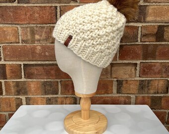 Luxury Off White Cream Merino Wool Beanie - Double Seed Stitch Hand Knit Hat with Hand Dyed Yarn