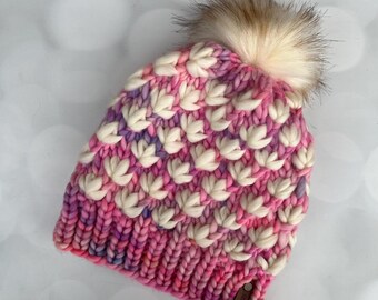 Luxury Pink White Merino Wool Knit Hat - Lotus Flower Beanie Hand Knit Hat with Hand Dyed Yarn