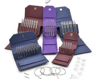 Lykke Knitting Needles - FLIGHT 5" Interchangeable Circular Needle Set - Mini, Standard, Bulky - Faux Waxed Canvas - Purple, Maroon, Denim
