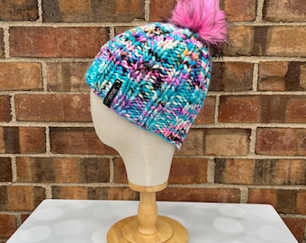 Luxus Blau Rosa Strickmütze aus Merinowolle - Lollipop Swirl Classic Beanie Handstrickmütze mit handgefärbtem Garn
