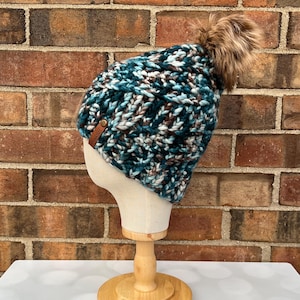 Luxury Blue Merino Wool Knit Hat - Java Blue Sidewinder Hand Knit Hat with Hand Dyed Yarn