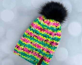 Luxury Neon Merino Wool Knit Hat - Boombox Neon Beanie Hand Knit Hat with Hand Dyed Yarn