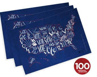 Mary Likes Postcards Set of 100 "Vote" US map postcards, perfect for Postcards to Voters and other get out the vote campaigns.