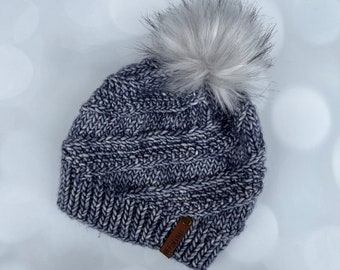 Luxury Blue Grey Merino Wool Knit Hat - Polar Morn Sidewinder Hand Knit Hat with Hand Dyed Yarn