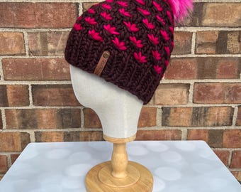 Luxury Brown Merino Wool Knit Hat - Brown and Pink Lotus Flower Beanie Hand Knit Hat with Hand Dyed Yarn