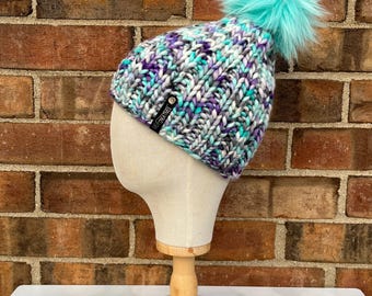 Luxury Purple and Aqua Merino Wool Ribbed Knit Hat - 90s Ski Bum Classic Beanie Hand Knit Hat with Hand Dyed Yarn