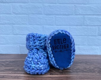 3-6 months - Luxury Blue “Little Brother” Merino Wool Crochet Baby Booties - Hand Crocheted Baby Booties with Hand Dyed Yarn
