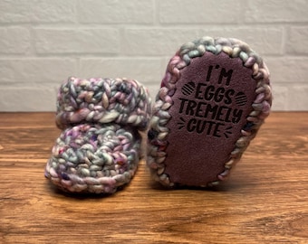 3-6 months - Luxury Purple Green “I’m Eggstremely Cute” Merino Wool Crochet Baby Booties - Hand Crocheted Baby Booties with Hand Dyed Yarn