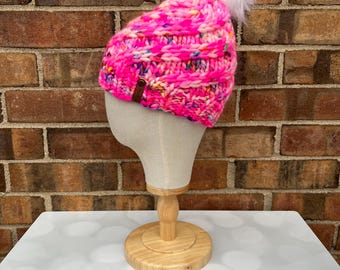 Luxury Pink Merino Wool Knit Hat - Neon Pink Swirls Hand Knit Hat with Hand Dyed Yarn