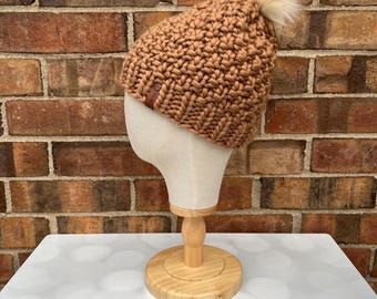 Luxury Gingerbread Merino Wool Beanie - Double Seed Stitch Hand Knit Hat with Hand Dyed Yarn