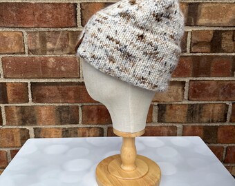 Luxus Neutral Merino Wolle Mütze - Fuzzy Braun Schwarz Gesprenkelte Handgestrickte Mütze mit Handgefärbten Garn
