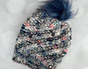 Luxury Grey-Blue Merino Wool Knit Hat - Swirly Hand Knit Hat with Hand Dyed Yarn