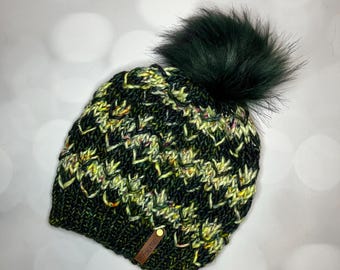 Luxus Grün Gestreifte Merino Wolle Strickmütze - Pomona Handgestrickte Mütze mit Handgefärbten Garn