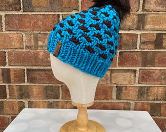 Luxus Cyan Braun Merino Wolle Strickmütze - Java Blau Lotus Blume Mütze Handstrickmütze mit Handgefärbtem Garn