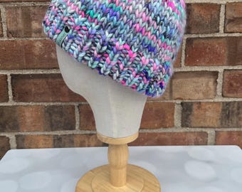 Luxury Grey Aqua Pink Purple Double Brim Merino Wool Beanie - Fuzzy Hand Knit Hat with Hand Dyed Yarn