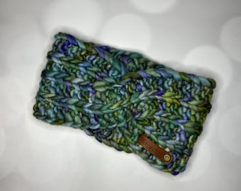 Luxury Green and Blue Hand Knit Ear Warmer with Hand Dyed Yarn