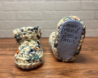 3-6 months - Luxury White Blue “My Best Friend Has Paws” Merino Wool Crochet Baby Booties - Hand Crocheted Baby Booties with Hand Dyed Yarn