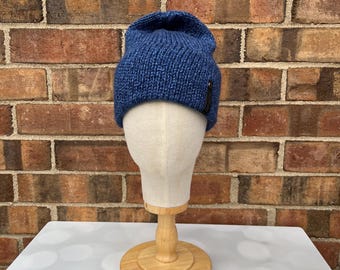 Blau Beanie mit doppelter Krempe - Blau Handgestrickte Mütze