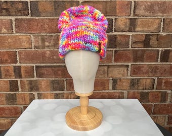 Luxury Deep Electric Rainbow Double Brim Merino Wool Beanie - Hand Knit Hat with Hand Dyed Yarn