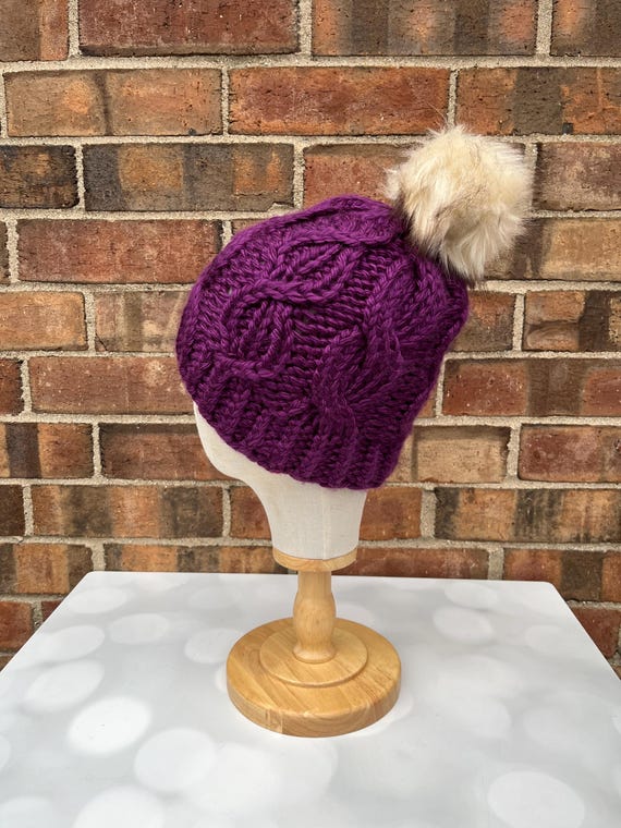 Handmade knit cabled purple hat Handmade purple cable beanie for sale main image 3