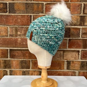Luxury Teal Merino Wool Knit Hat - Teal and White Swirls Hand Knit Hat with Hand Dyed Yarn
