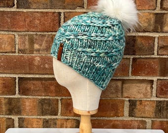Luxury Teal Merino Wool Knit Hat - Teal and White Swirls Hand Knit Hat with Hand Dyed Yarn