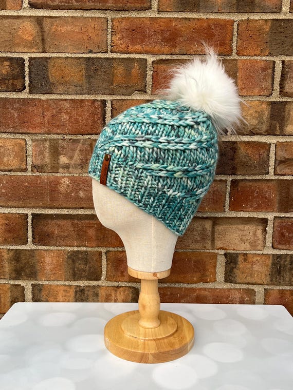 Luxury Teal Merino Wool Knit Hat - Teal and White Swirls  display picture 1