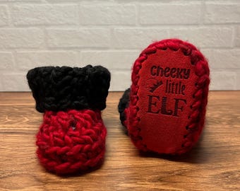 3-6 months - Luxury Red Black “Cheeky Little Elf” Merino Wool Crochet Baby Booties - Hand Crocheted Baby Booties with Hand Dyed Yarn