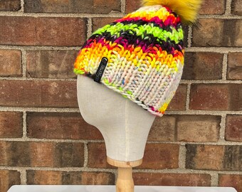 Luxury Rainbow Tweed Merino Wool Ribbed Knit Hat - Bright Colors Classic Beanie Hand Knit Hat with Hand Dyed Yarn