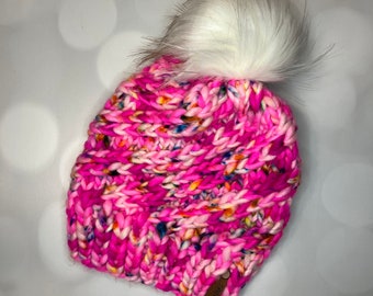 Luxury Pink Merino Wool Knit Hat - Neon Pink Hand Knit Hat with Hand Dyed Yarn