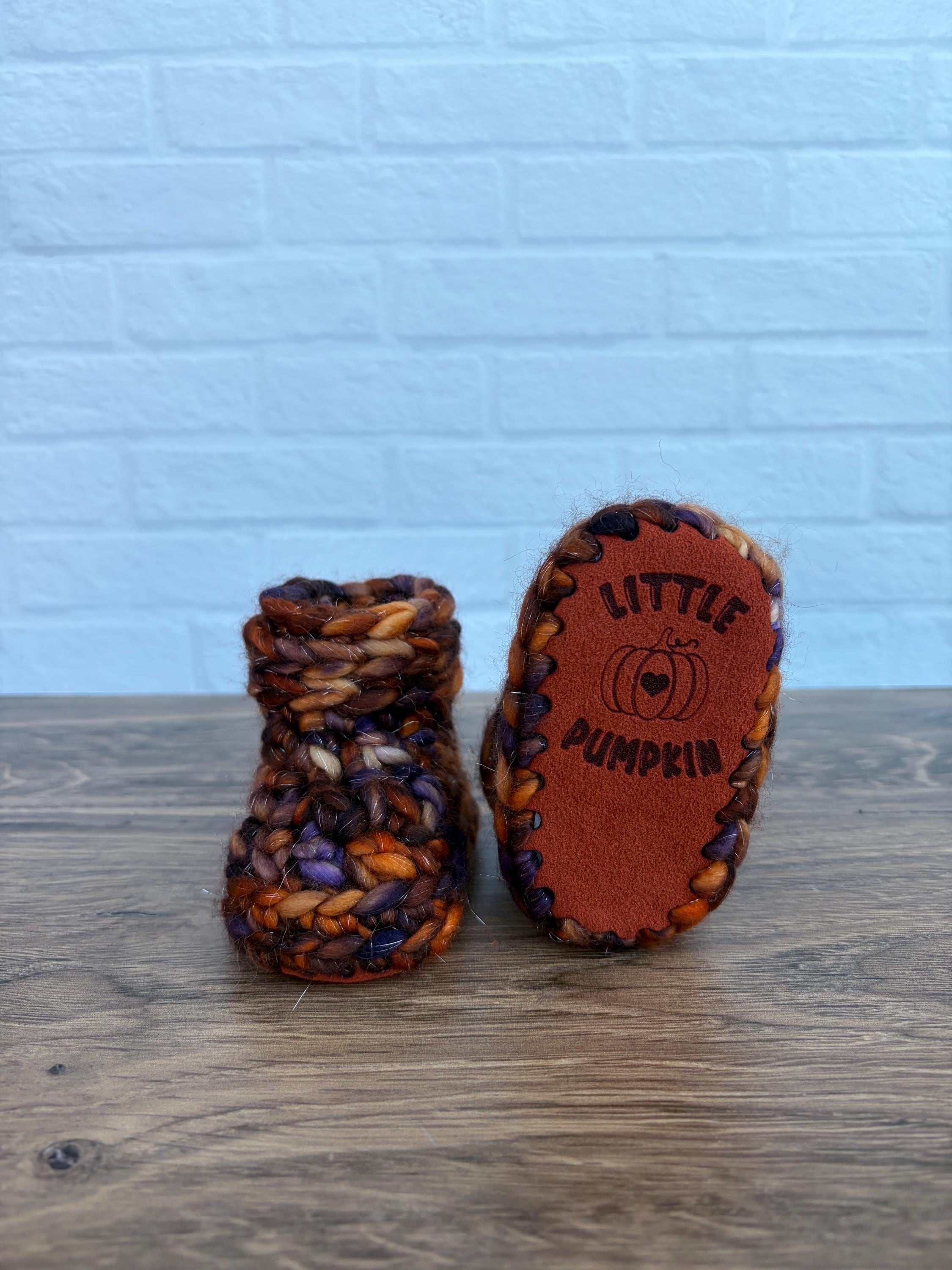 3-6 months - Luxury Sparkly "Little Pumpkin" Merino Wool Crochet Baby Booties - Hand Crocheted Baby Booties with Hand Dyed Yarn