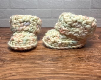 3-6 months - Luxury Pastel “I’m Eggstremely Cute” Merino Wool Crochet Baby Booties - Hand Crocheted Baby Booties with Hand Dyed Yarn