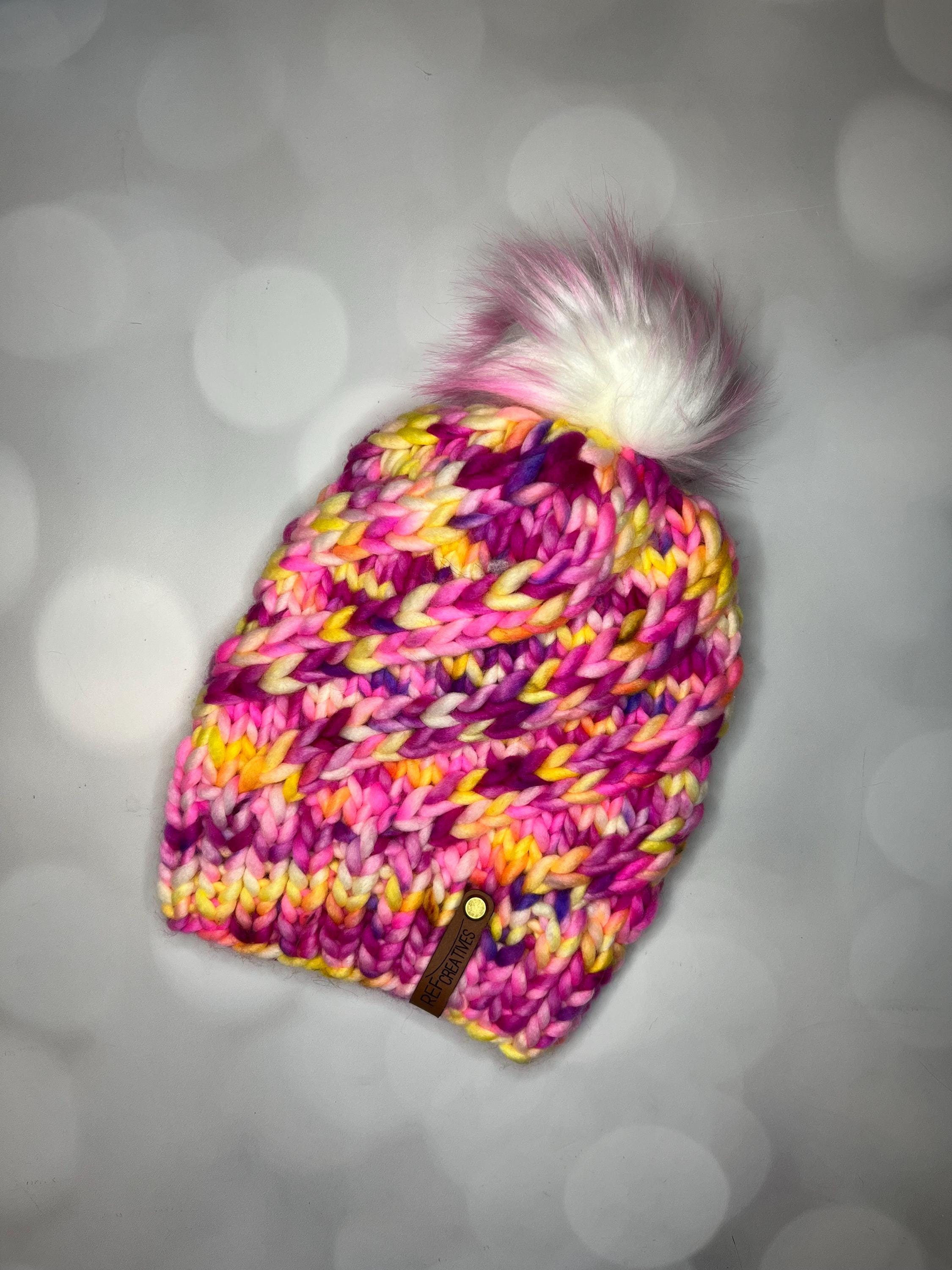 Luxury Pink and Yellow Merino Wool Knit Hat - Vivid Sunset  display picture 1