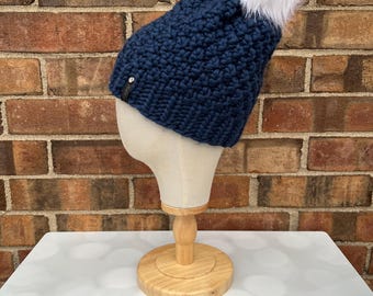 Luxury Navy Blue Merino Wool Beanie - Double Seed Stitch Hand Knit Hat with Hand Dyed Yarn