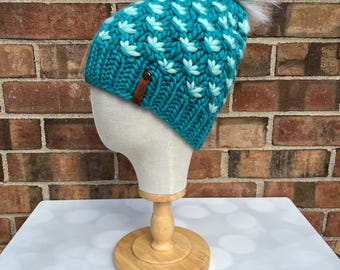 Luxury Teal Merino Wool Knit Hat - Teal and Mint Lotus Flower Beanie Hand Knit Hat with Hand Dyed Yarn